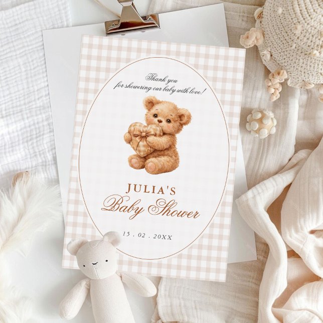 Liten hjärta Brun Gingham Teddybjörn Bebisbad Inbjudningar (Skapare uppladdad)