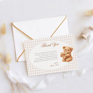 Liten hjärta Brun Gingham Teddybjörn Bebisbad Tack Kort