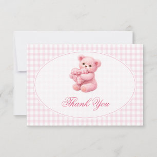 Liten hjärta rosa Gingham Teddybjörn Baby Shower Inbjudningar
