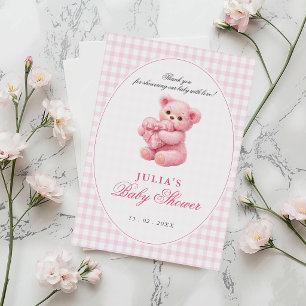 Liten hjärta rosa Gingham Teddybjörn Baby Shower Inbjudningar