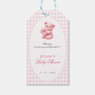 Liten hjärta rosa Gingham Teddybjörn Baby Shower Presentetikett