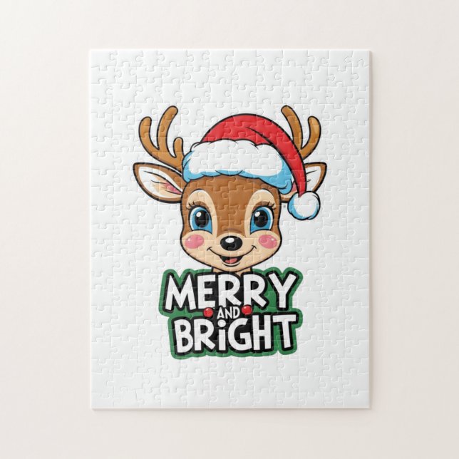 Liten Hjort med Santa "Merry & Bright"-design Pussel (Vertikal)