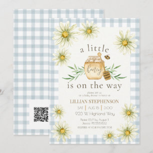 Liten honung på väg Bee Blue Baby Shower QR  Inbjudningar