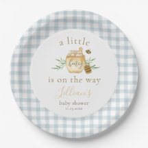 Liten honung på väg Blå Gingham Baby Shower