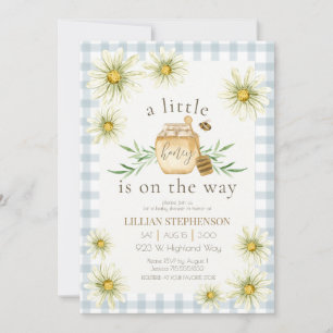 Liten honung på väg Blå Gingham Baby Shower Inbjudningar