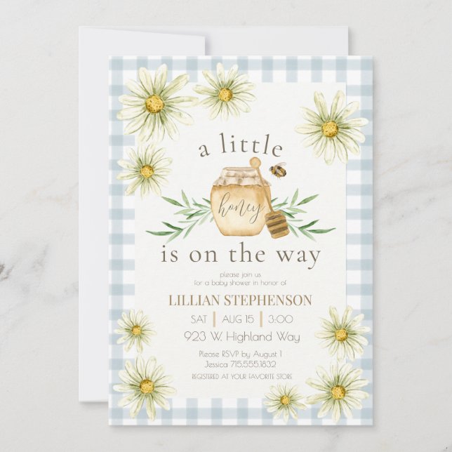 Liten honung på väg Blå Gingham Baby Shower  Inbjudningar (Framsida)