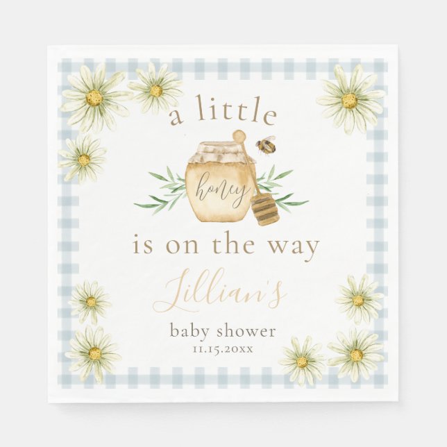 Liten honung på väg Blå Gingham Baby Shower Pappersservett (Framsidan)