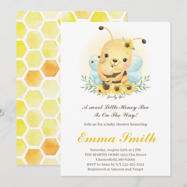 Liten honungsbi baby shower inbjudan (Fram/baksida)