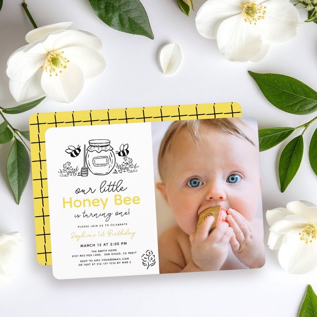 Liten honungsbi Foto Handritad 1-års födelsedag Inbjudningar (Skapare uppladdad)