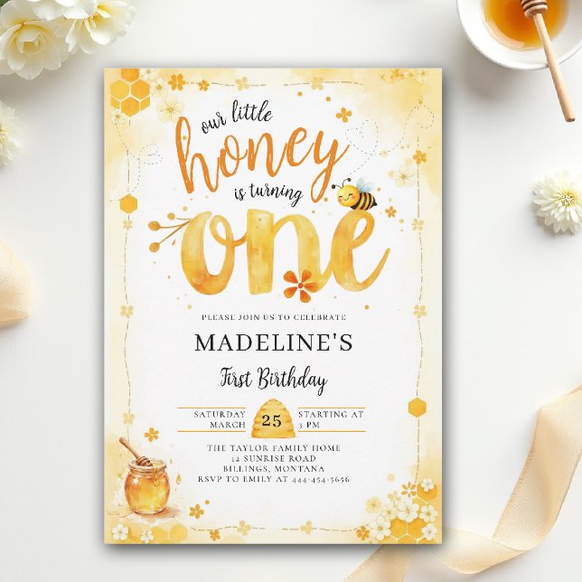 Liten Honungsbi Vattenfärg Söt 1-års Födelsedag Inbjudningar (little honey bee one first birthday party invitation bumblebee floral watercolor summer garden chic)