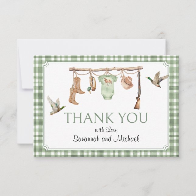 Liten jägare baby shower tack kort (Framsida)