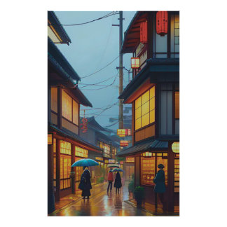 Liten japansk regnig väg fototryck