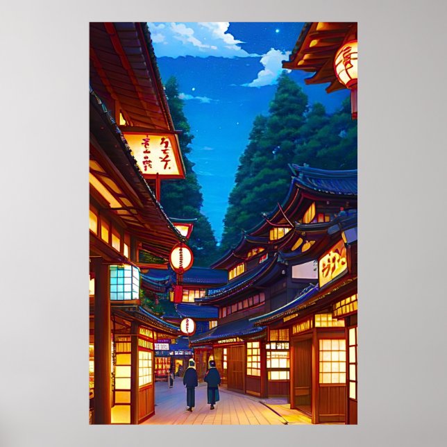 Liten japansk stadsgata på natten  poster (Framsidan)