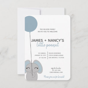 liten jordnöt BABY SHOWER Blue elephant Inbjudningar