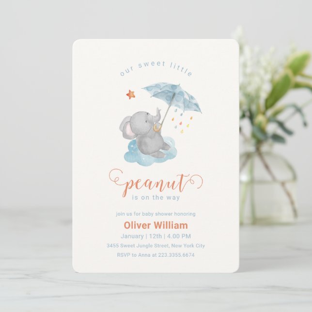Liten jordnöt blå paraply elefant baby shower  inbjudningar (Stående Fram)