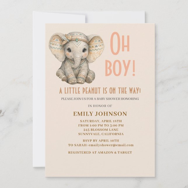 Liten Jordnöt Boho Safari Elefant Pojke Bebis Bada Inbjudningar (Framsida)