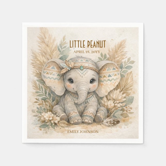 Liten Jordnöt Boho Safari Elefant Pojke Bebis Bada Pappersservett (Framsidan)