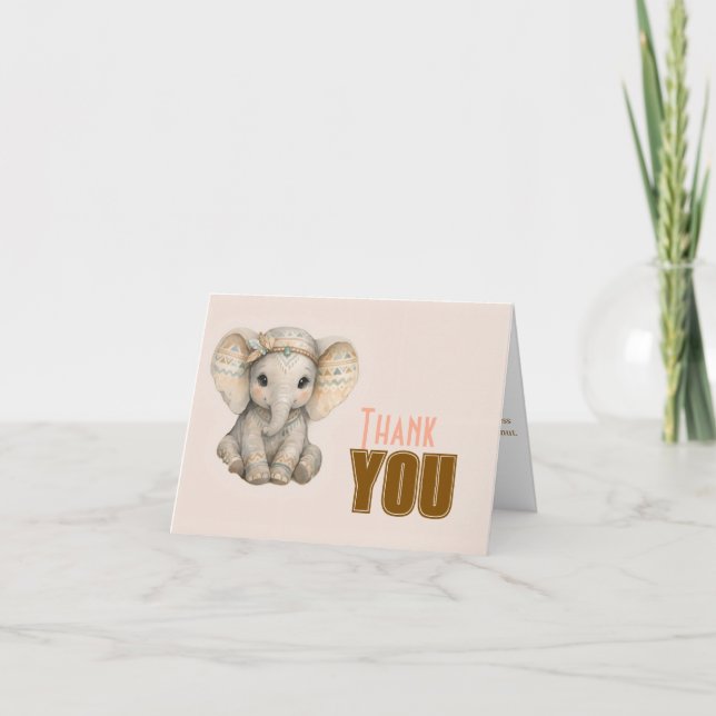 Liten Jordnöt Boho Safari Elefant Pojke Bebis Bada Tack Kort (Framsida)