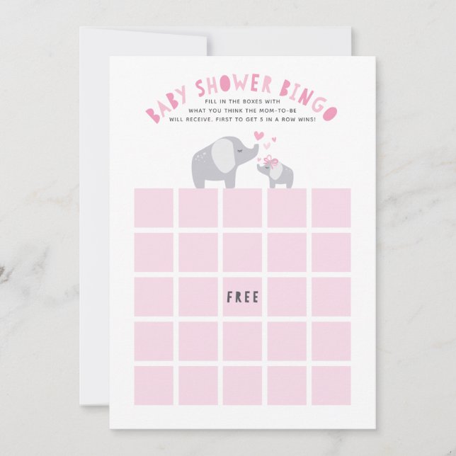 Liten Jordnöt Elefant Baby Shower Bingo Spel Rosa Inbjudningar (Framsida)