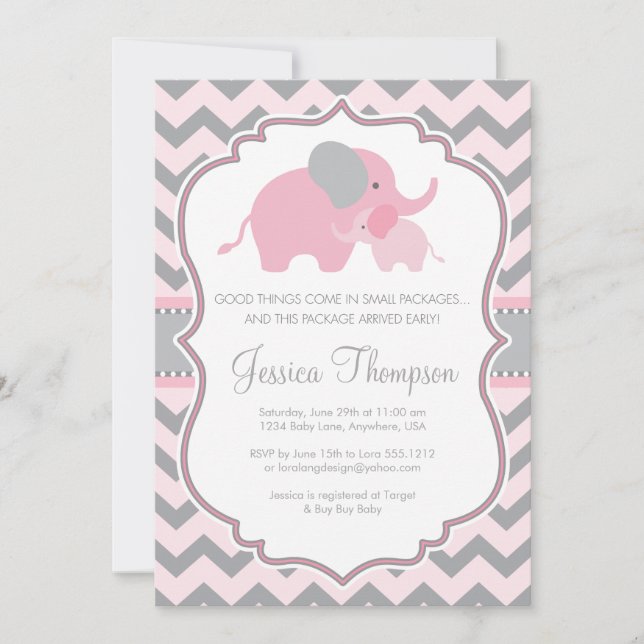 Liten jordnöt Elefant Baby Shower Inbjudan (Framsida)