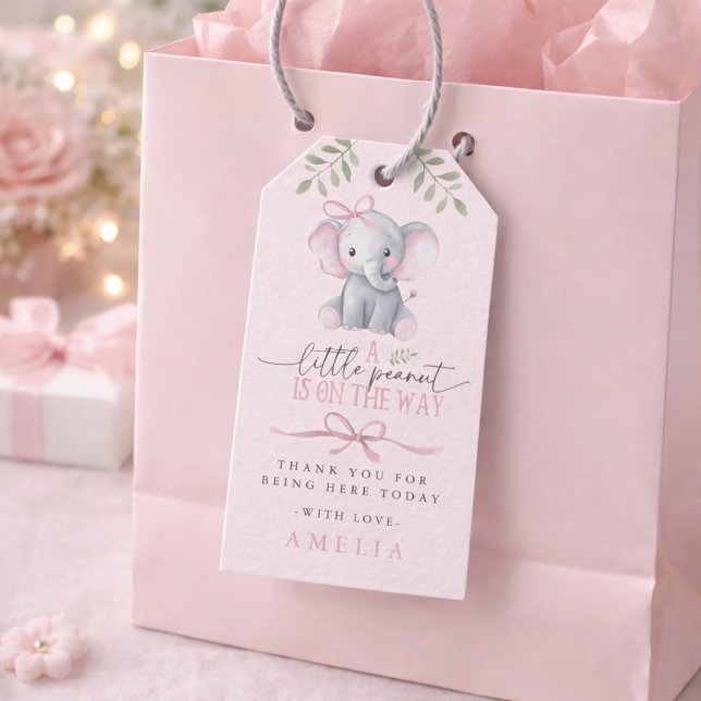 Liten Jordnöt Elefant Rosa Babyfirande Presentetikett (Little Peanut Elephant Pink Baby Shower Gift Tags)