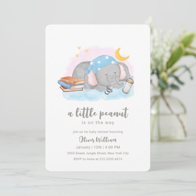 Liten jordnöt sovande elefant baby shower inbjudningar (Stående Fram)
