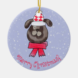 Liten julhund med stickad halsduk julgransprydnad keramik