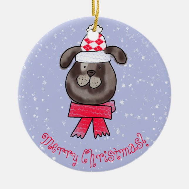 Liten julhund med stickad halsduk julgransprydnad keramik (Framsidan)