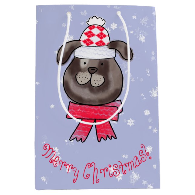 Liten julhund som bär stickad mössa och halsduk (Framsidan)