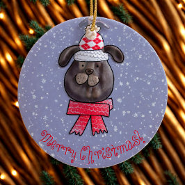Liten julhund som bär stickad mössa och halsduk julgransprydnad keramik