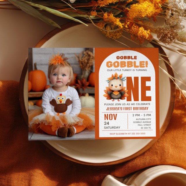 Liten kalkon Thanksgiving 1-års födelsedagsfoto Inbjudningar (Skapare uppladdad)