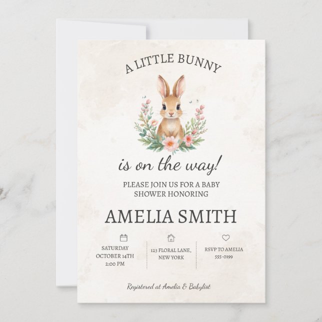 Liten kanin baby shower inbjudan | Neutral Boho (Framsida)