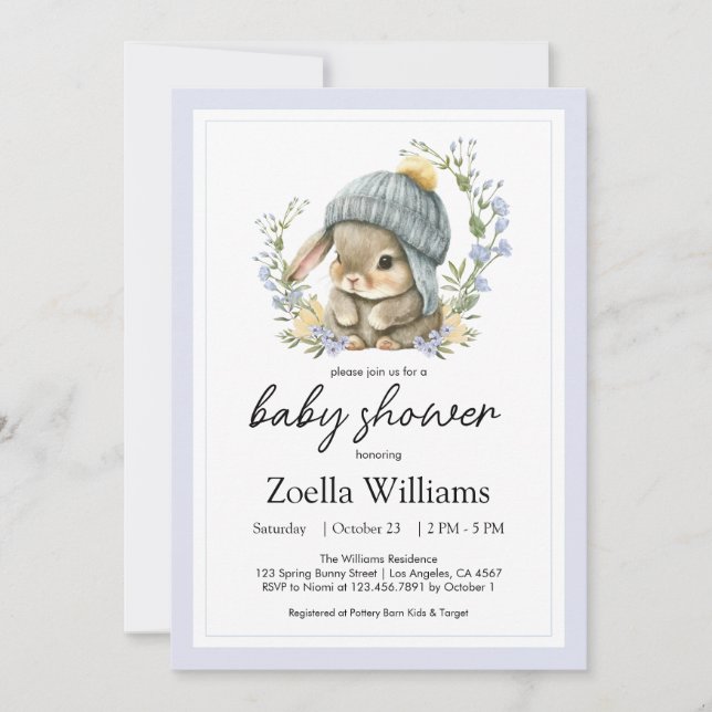 Liten kanin Blommig Baby Shower Inbjudan (Framsida)