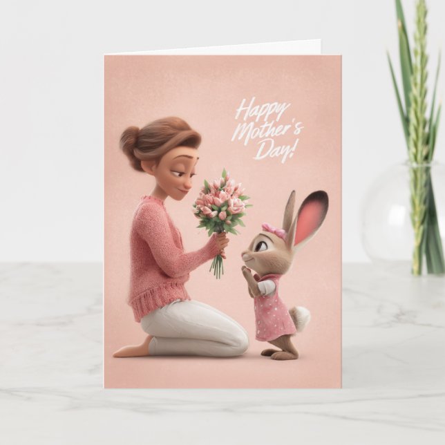 Liten kanin i rosa som ger morsdagblommor kort (Framsida)