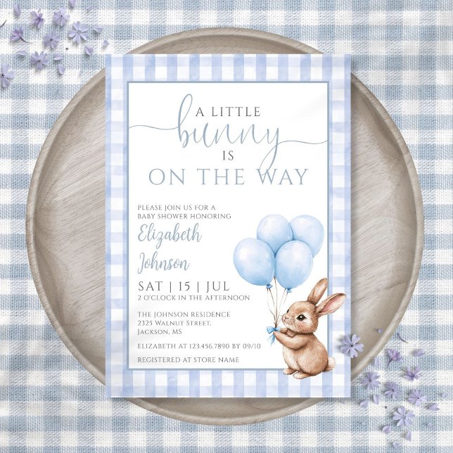Liten kaninblå ballonger pojke baby shower inbjudningar (Little Bunny Blue Balloons Boy Baby Shower Invitation)