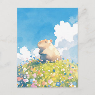 Liten Kapybara i solig backe med ängsblommor Vykort