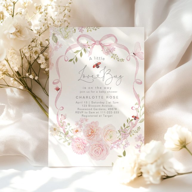 Liten kärleksbugs baby shower med rosa rosett inbjudningar (Skapare uppladdad)