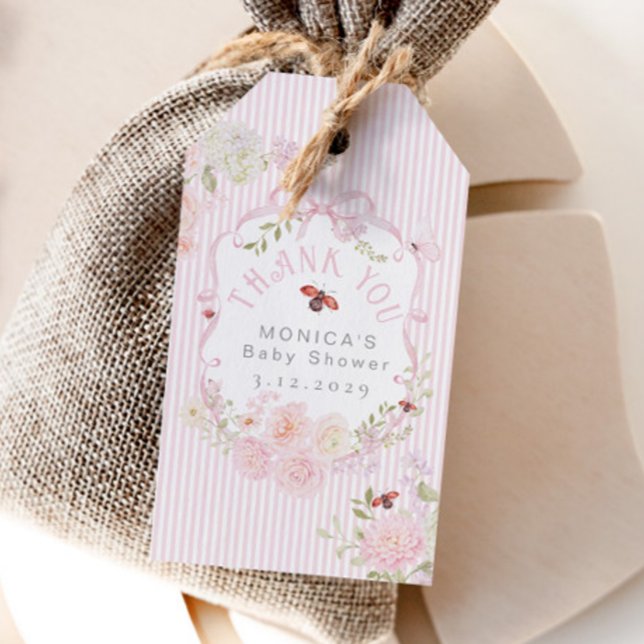 Liten kärleksbugs rosa båge baby shower tack presentetikett (Skapare uppladdad)