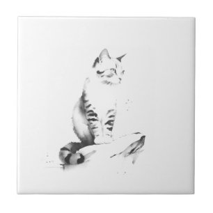 Liten keramik Tile - Katt, Bläck Tvättar Stil Kakelplatta