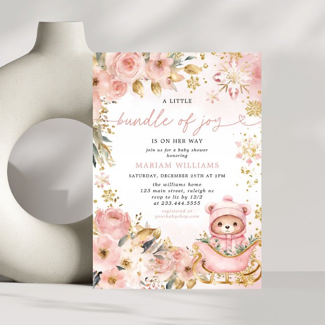 Liten knippe rosa blommig björn baby shower inbjudningar (Skapare uppladdad)