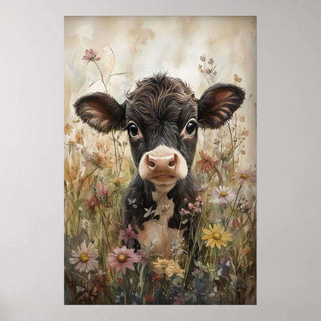 Liten ko i vilda blommor tryck, kalv påsk poster (Framsidan)