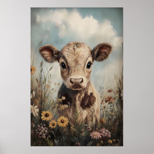 Liten ko vilda blommor tryck, påsk bondgård poster