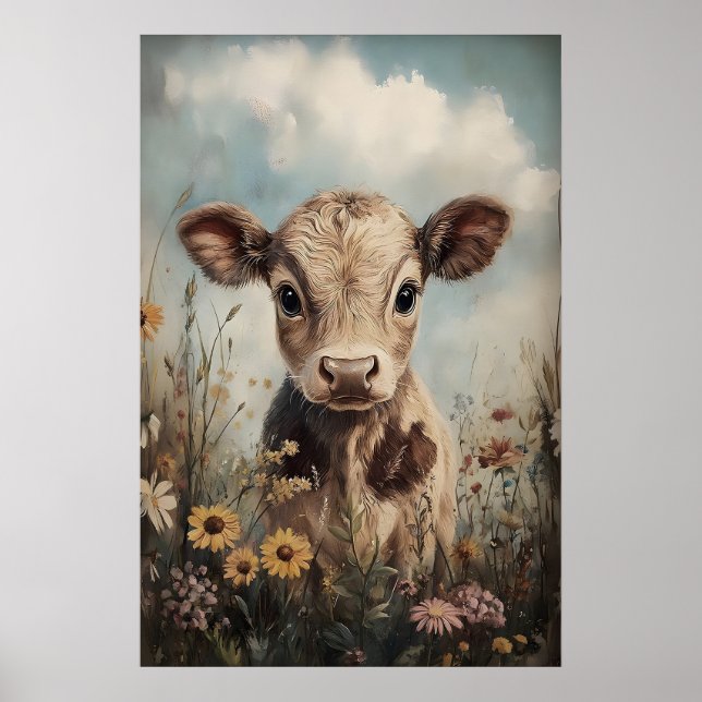 Liten ko vilda blommor tryck, påsk bondgård poster (Framsidan)