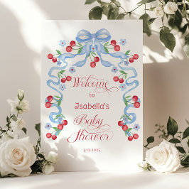 Liten körsbär blå rosett Baby shower Välkommen Poster
