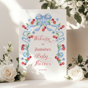 Liten körsbär blå rosett Baby shower Välkommen Poster