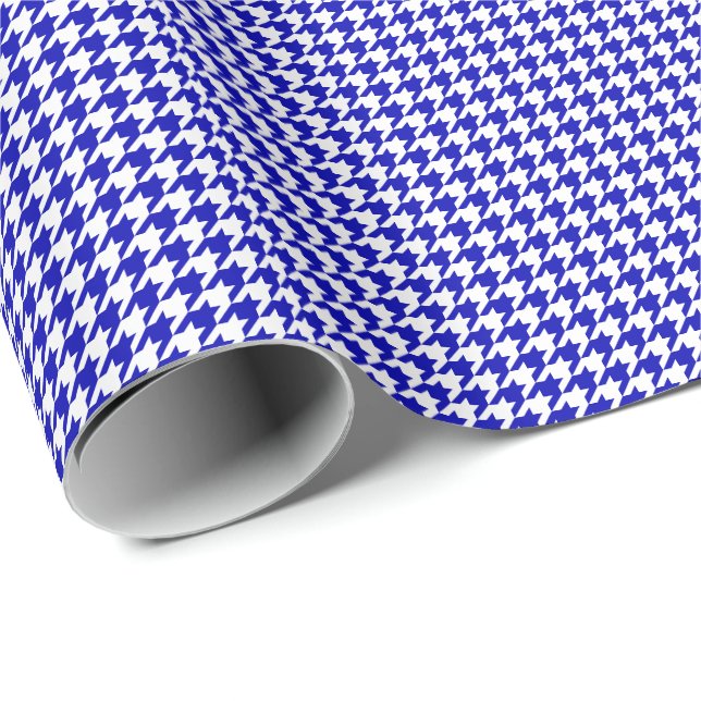 Liten kunglig blått och vit Houndstooth Presentpapper (Rullad Hörn)