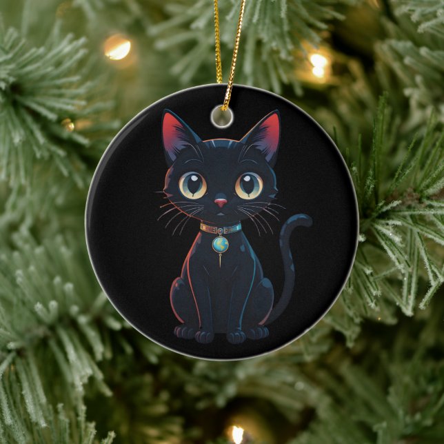 Liten kuslig svart katt julgransprydnad keramik (Träd)