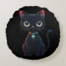 Liten kuslig svart katt rund kudde
