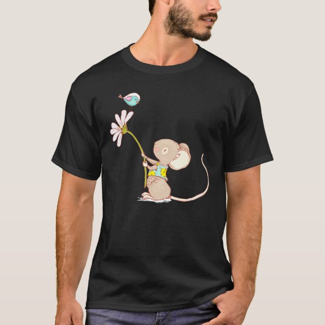 Liten kute mus med fågelblomma L-barnmus T Shirt (Framsida)