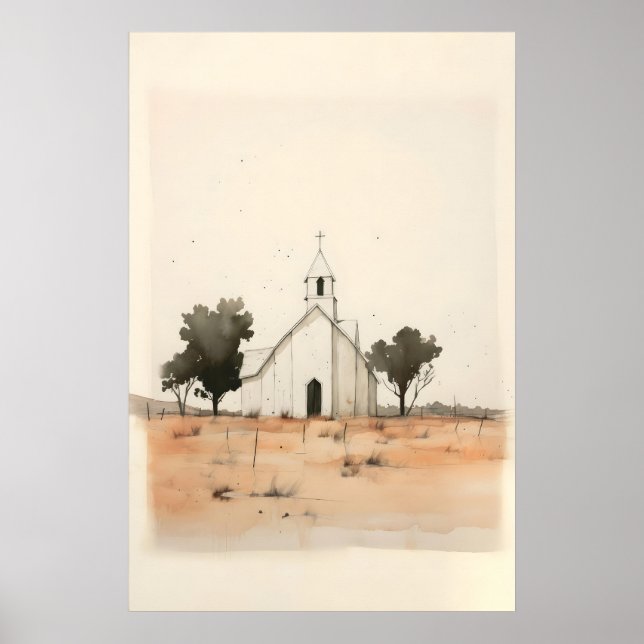 Liten kyrka på landsbygden, digitaltryck poster (Framsidan)